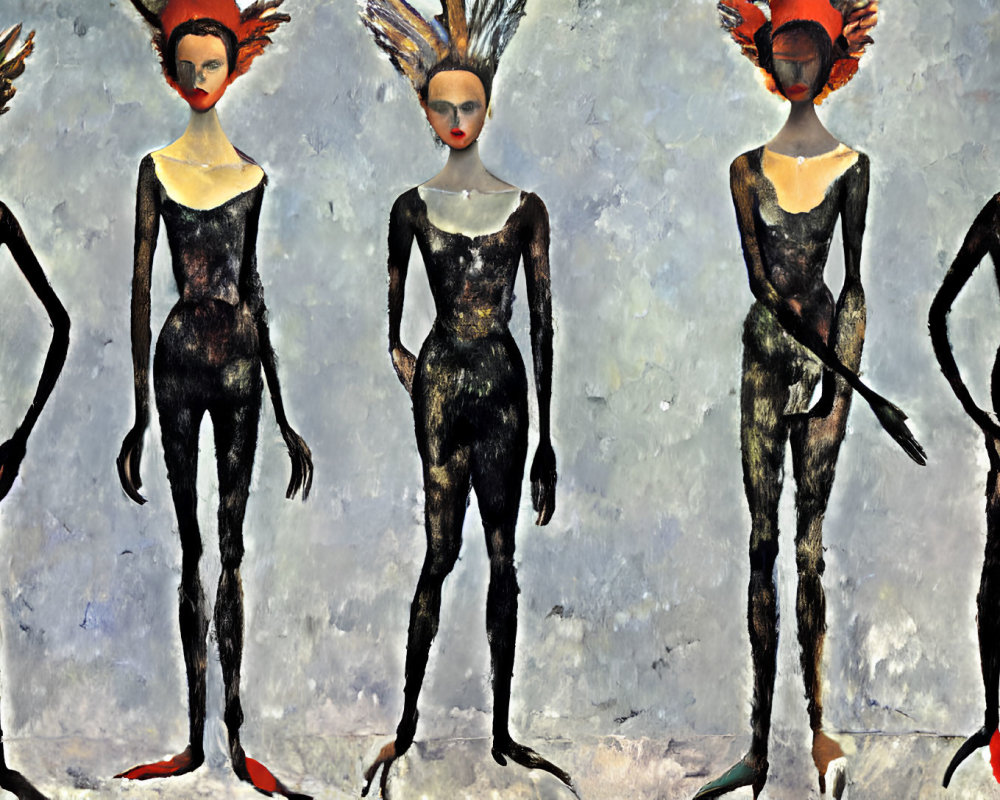 Abstract humanoid figures with bird-like features and colorful headdresses on textured blue-grey background