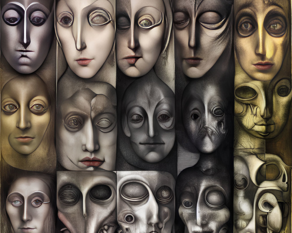 Surreal collage of artistic faces with robotic features in metallic tones