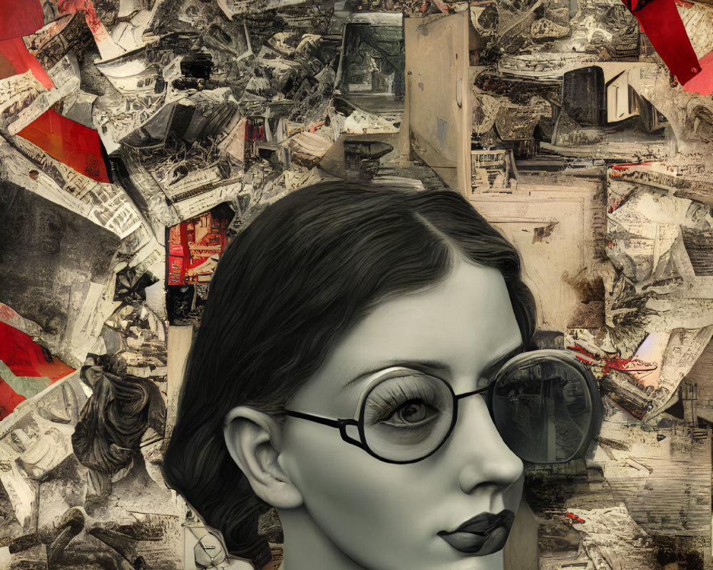 Surreal collage featuring female figure in glasses amid vintage photos & abstract shapes