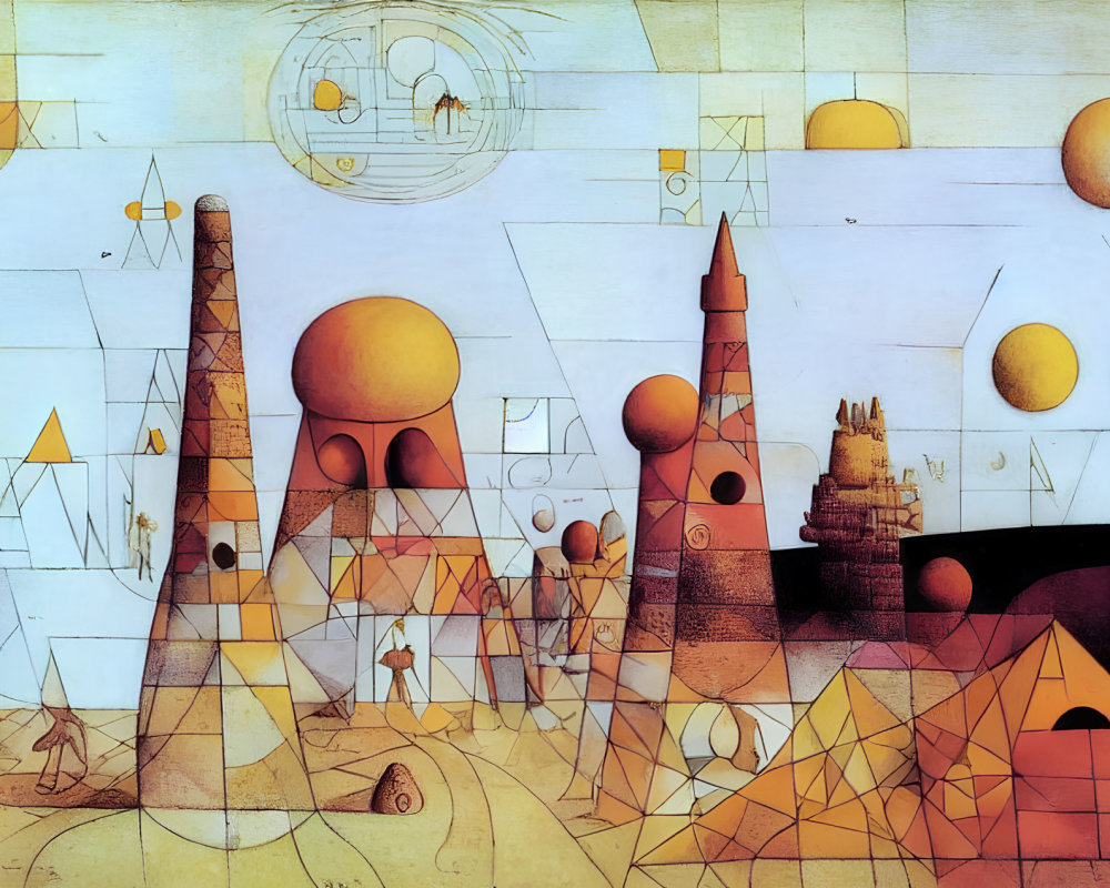 Abstract landscape with geometric shapes, towers, spheres, orange and yellow color palette