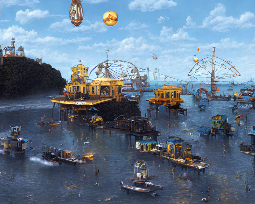 Steampunk-inspired floating cityscape with ships and airships in blue skies