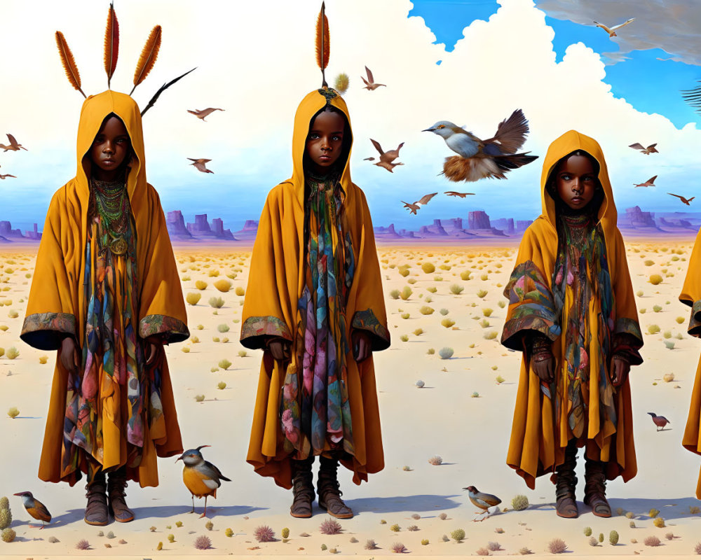 Panoramic desert artwork with five figures in colorful robes and headdresses