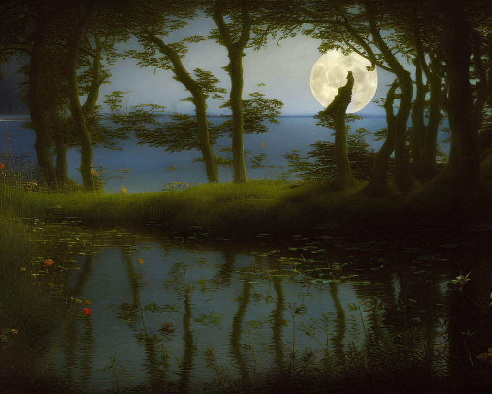 Full Moon Night Landscape with Forest, Pond, and Flowers