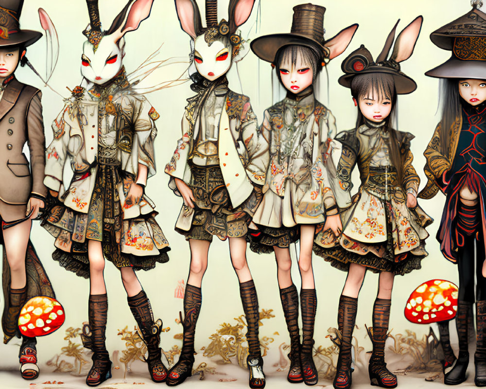 Anthropomorphic rabbits in Victorian attire with toadstools and winged rabbit