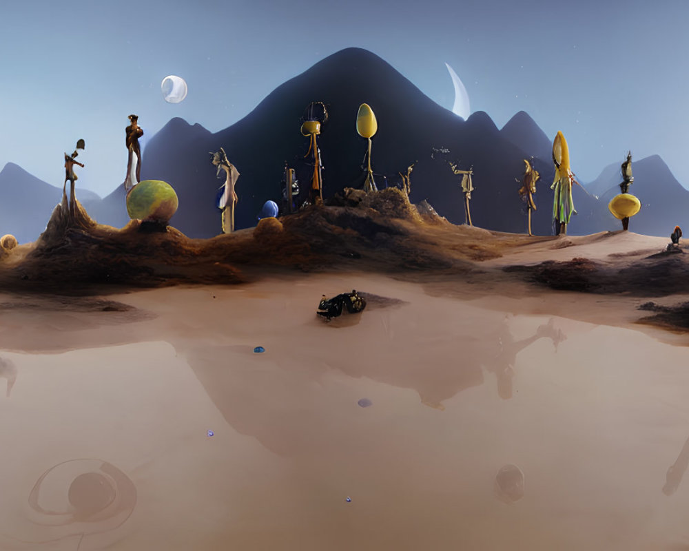 Surreal alien landscape with mountains, moons, robots, and futuristic structures