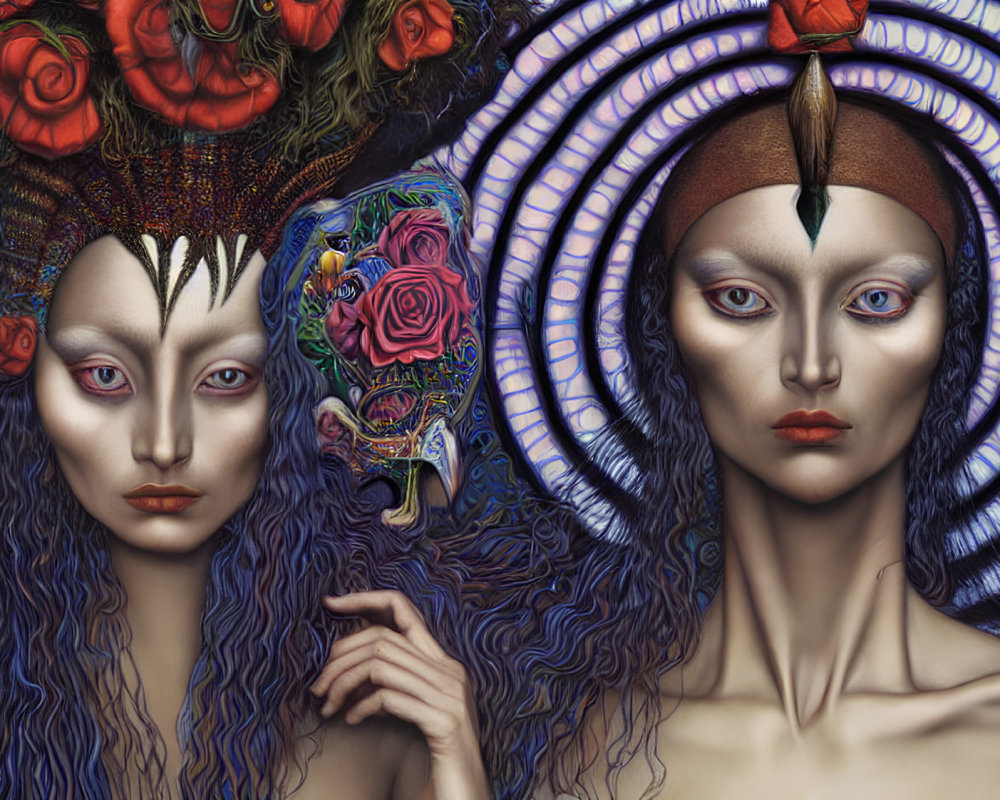 Stylized female figures with intricate headpieces and surrealistic makeup