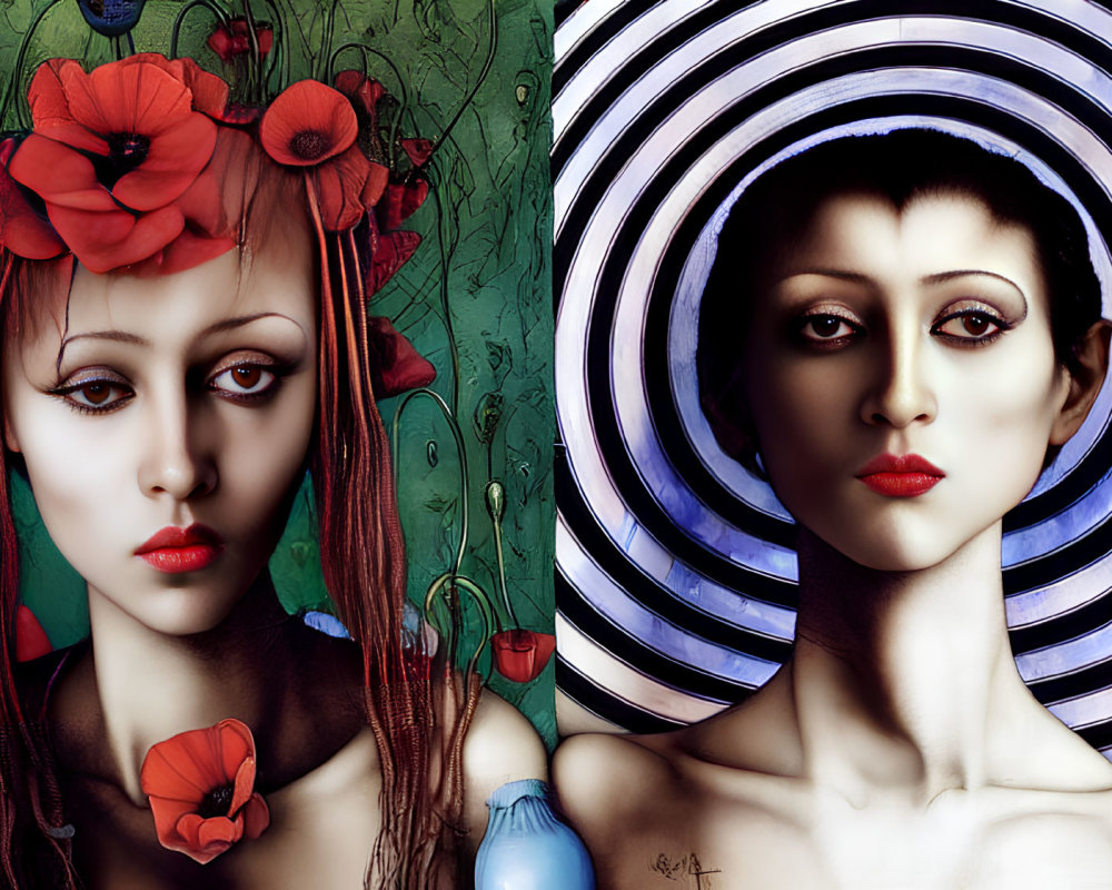 Stylized women portraits: one with red poppies, one with black-and-white circles