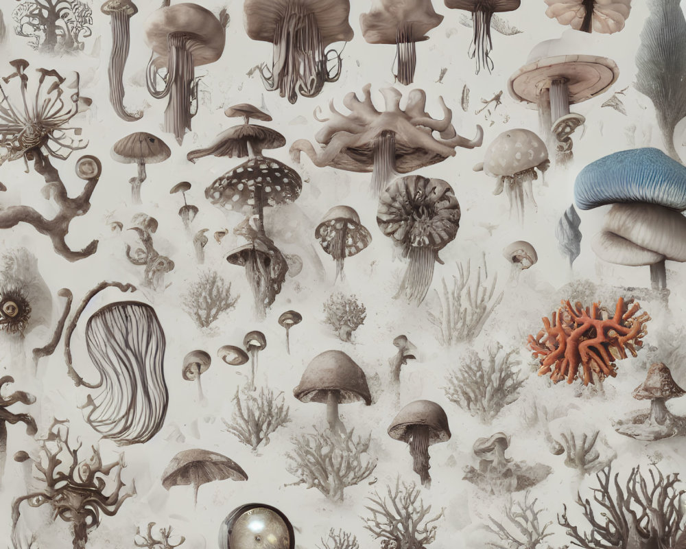 Diverse Mushroom Illustrations: Shapes, Sizes, Textures