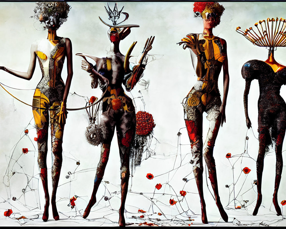 Four Stylized Figures with Unique Headpieces and Body Patterns on White Background with Red Flowers and Threads