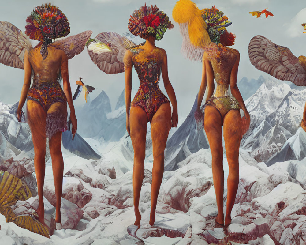 Panoramic artwork of four fantastical beings in snowy mountain landscape