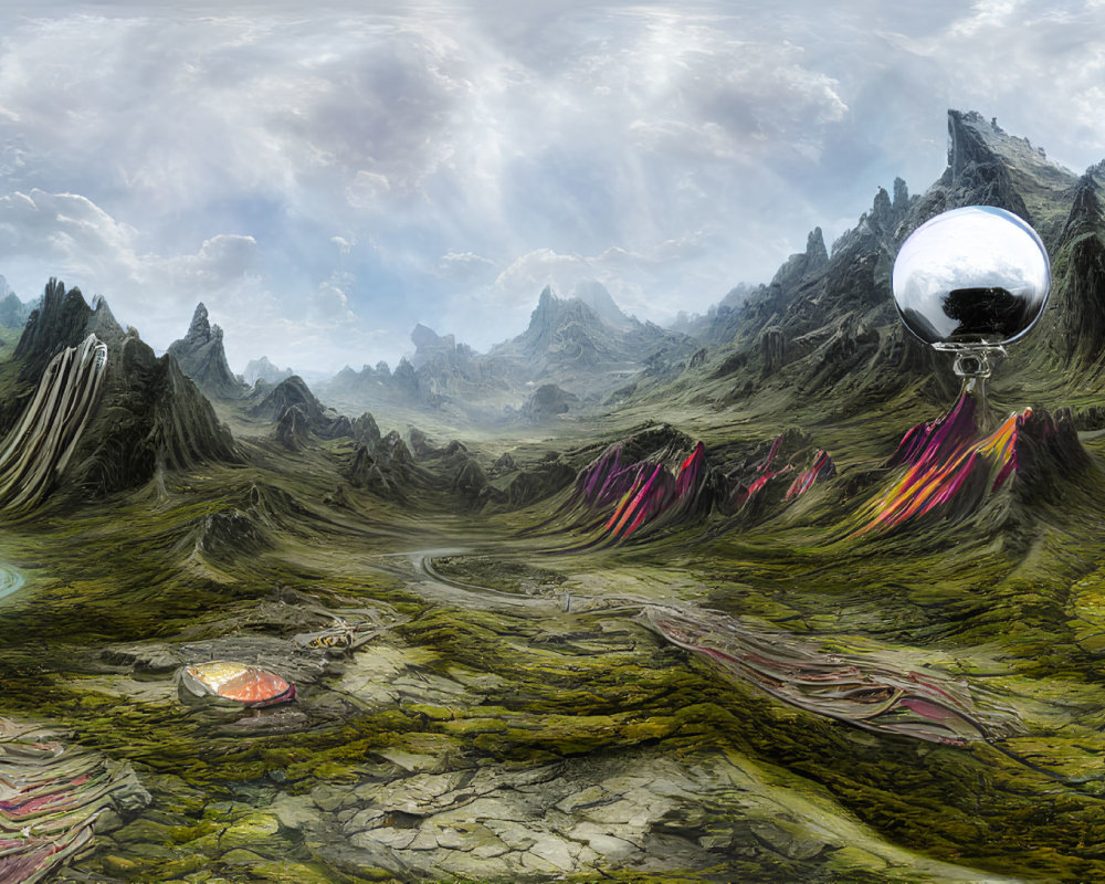 Surreal landscape with jagged mountains, floating structure, vibrant streaks, and winding pathways