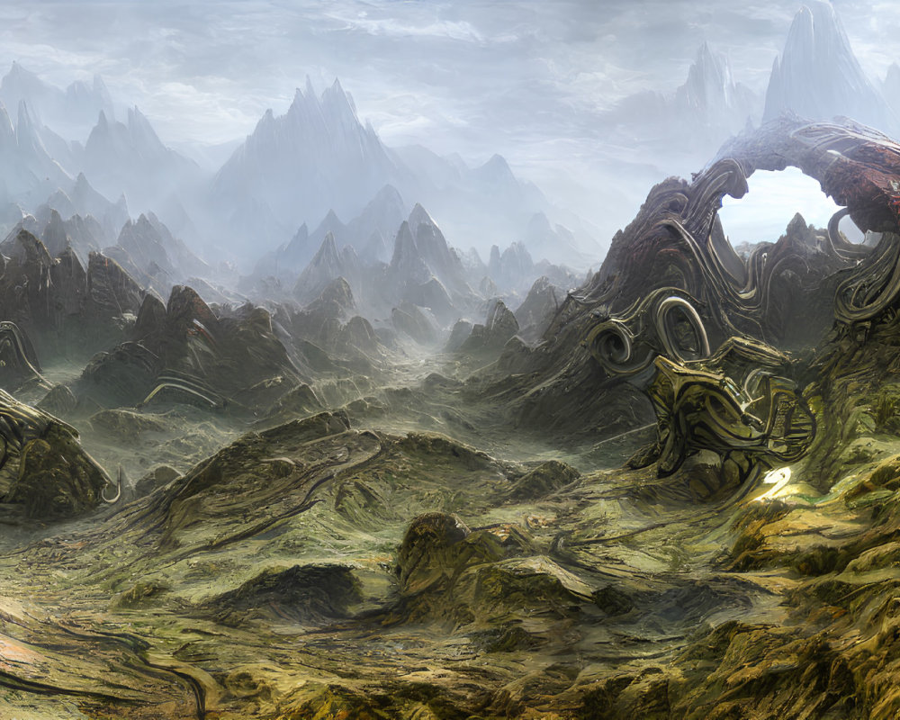 Desolate rocky terrain with alien-like organic structures under cloudy sky