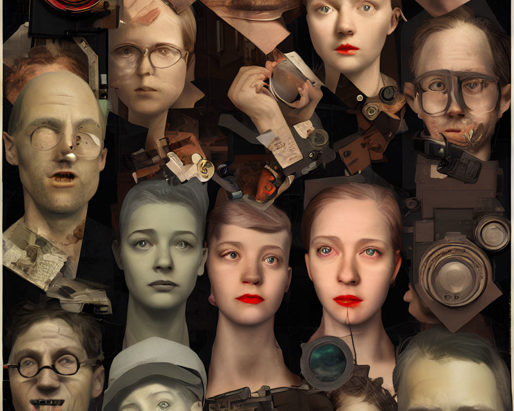 Surreal portrait collage with human and mechanical elements