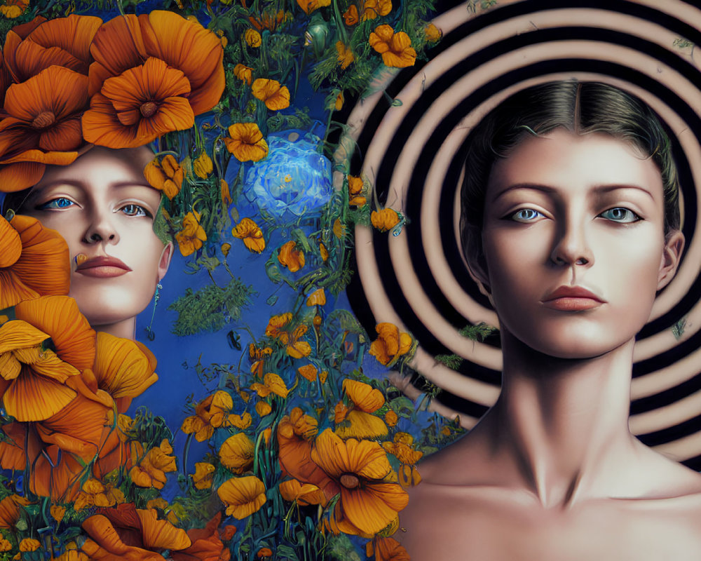 Surreal portrait featuring two faces amidst orange flowers and concentric circles on blue background