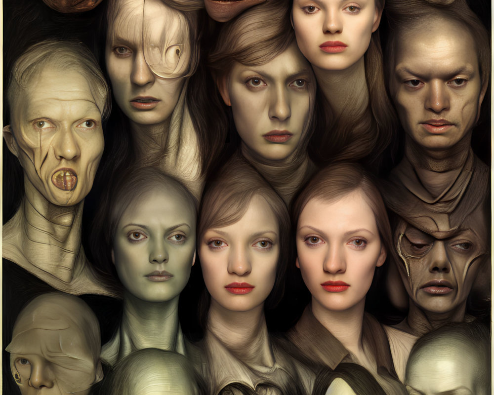 Surreal hyper-realistic faces collage with varied expressions