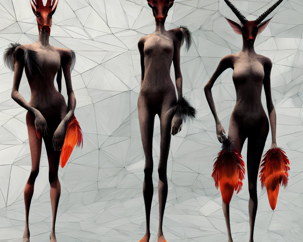 Red-skinned humanoid figures with avian-like heads and elongated limbs on geometric backdrop