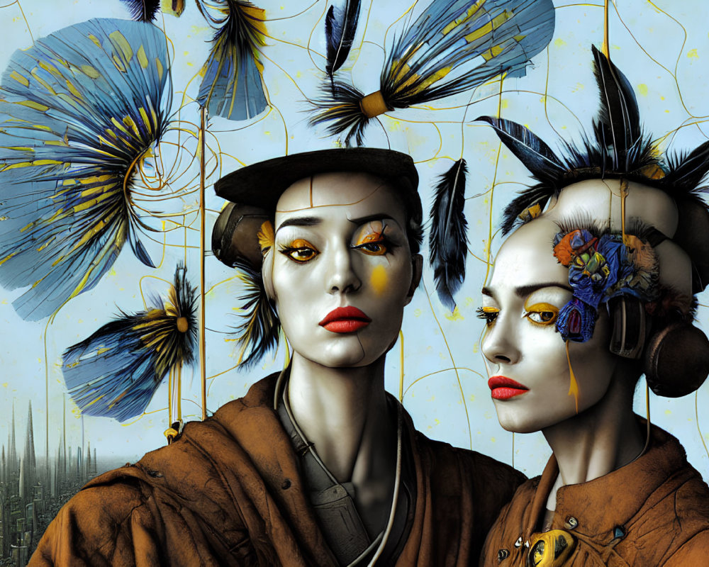 Stylized futuristic female figures with mechanical and floral motifs in architectural backdrop