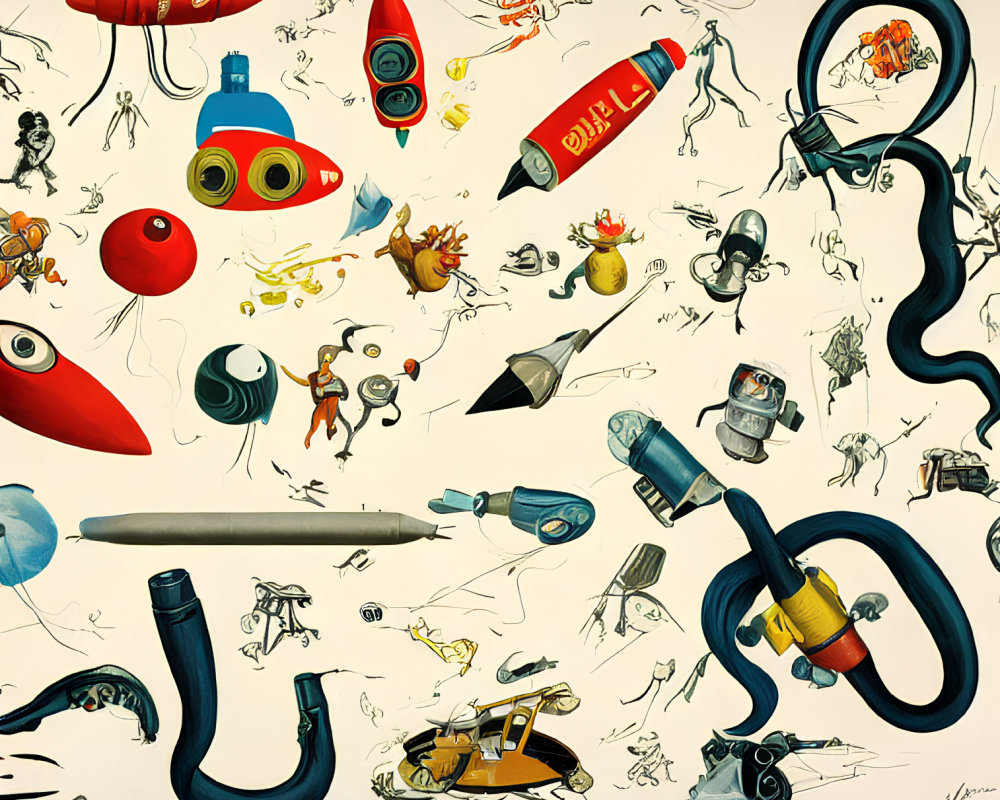 Whimsical retro-futuristic space-themed illustration with rockets, aliens, and robots