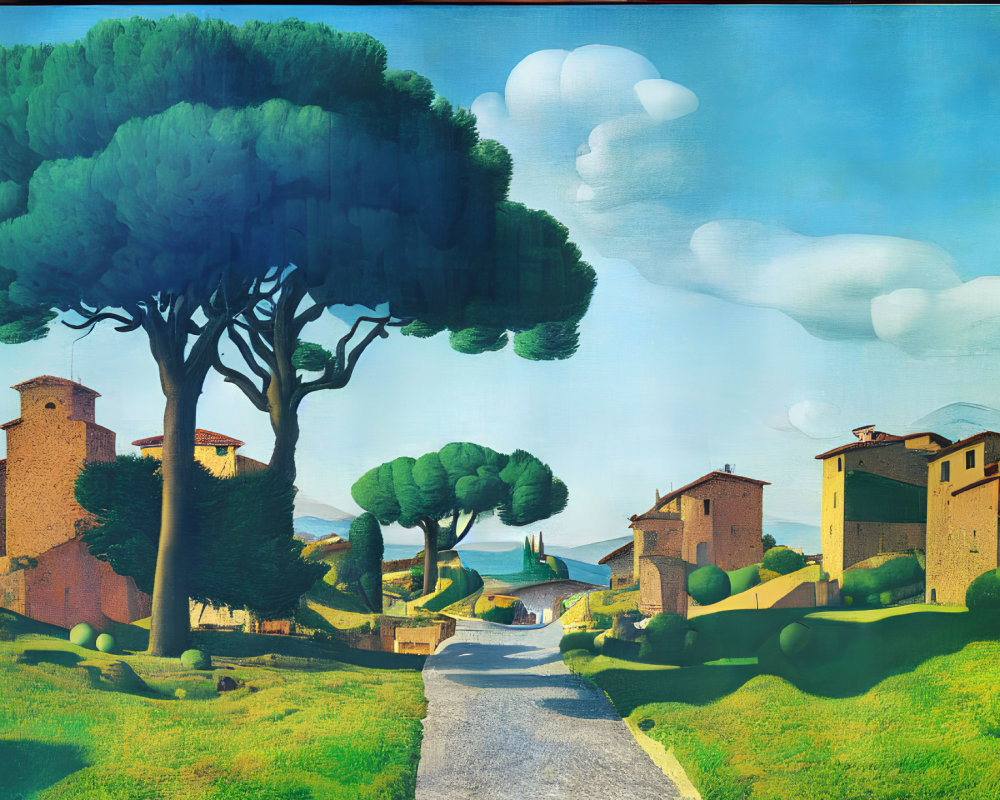 Tranquil landscape painting of winding road through village