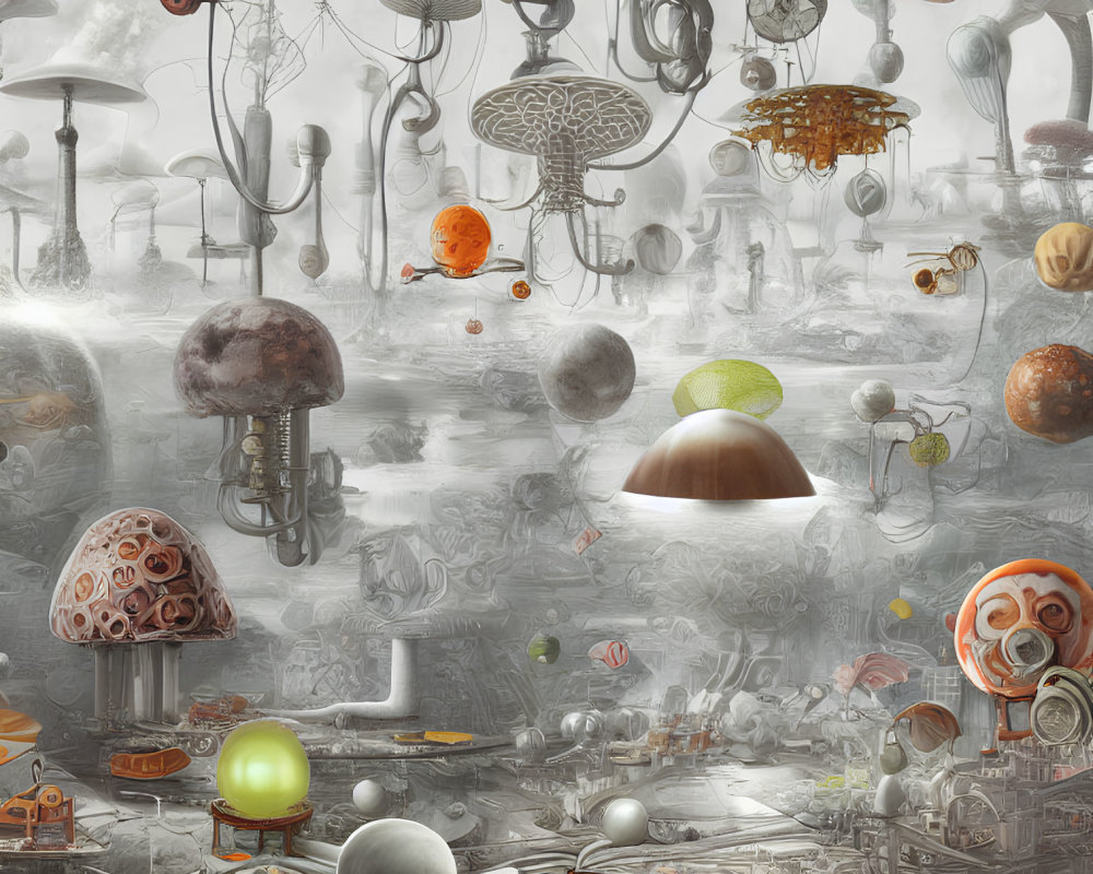 Surreal landscape with mushroom-like structures and floating spheres