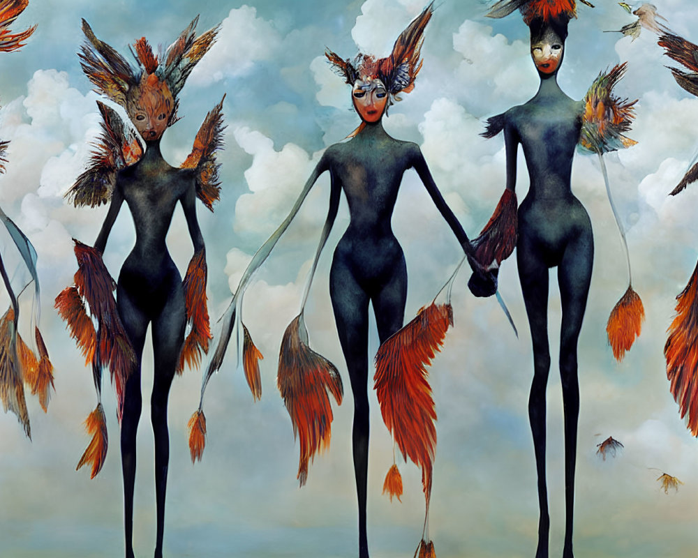 Five humanoid figures with avian features in sky backdrop