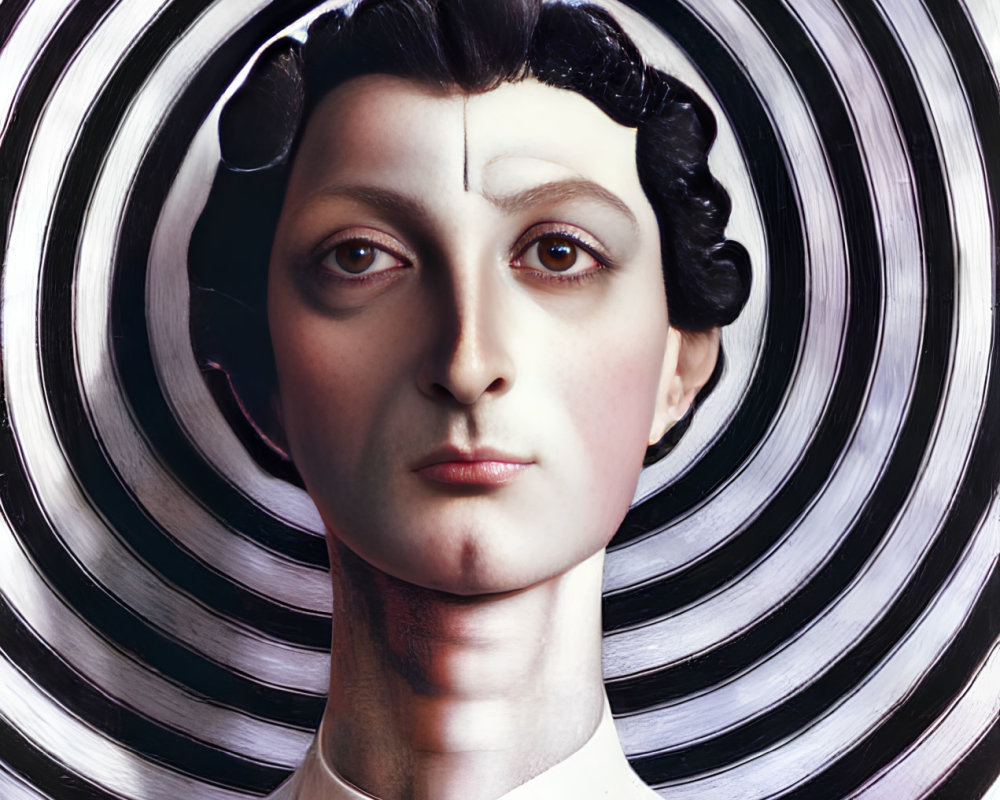 Surreal portrait of woman's face with concentric circles and abstract patterns