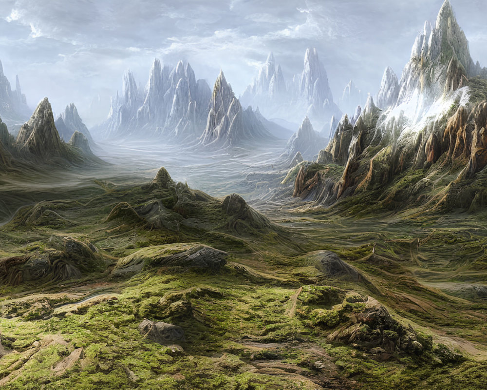 Fantastical valley landscape with moss, spires, and winding paths