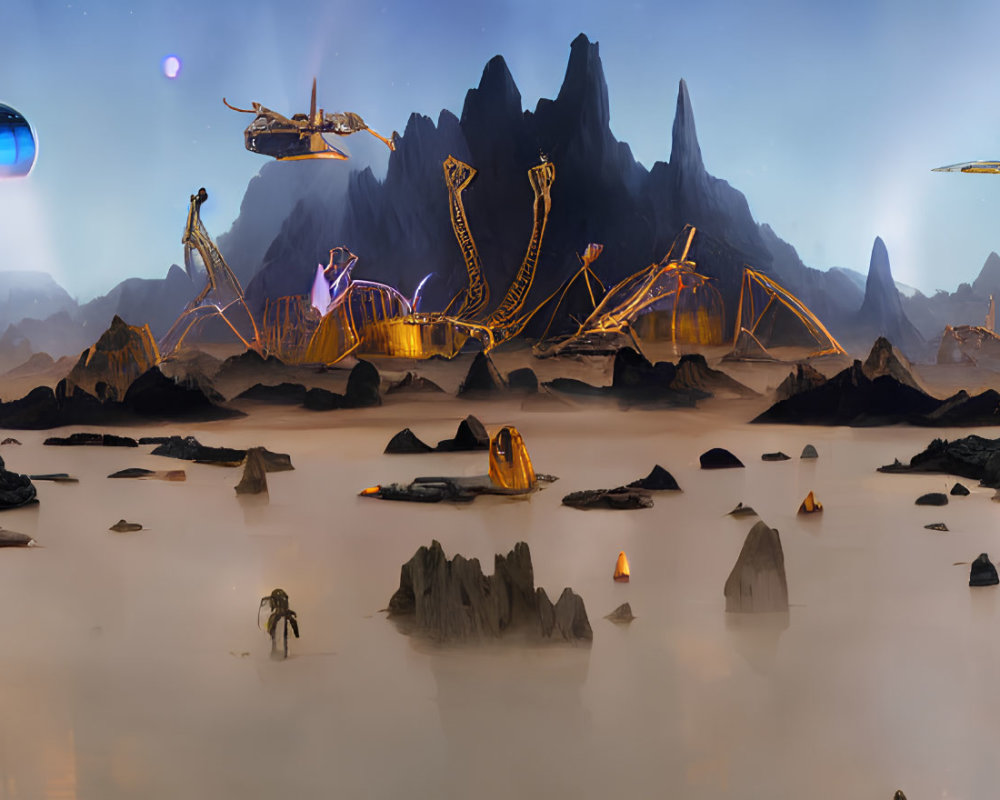 Extraterrestrial landscape with mountains, machinery, beings, and ships