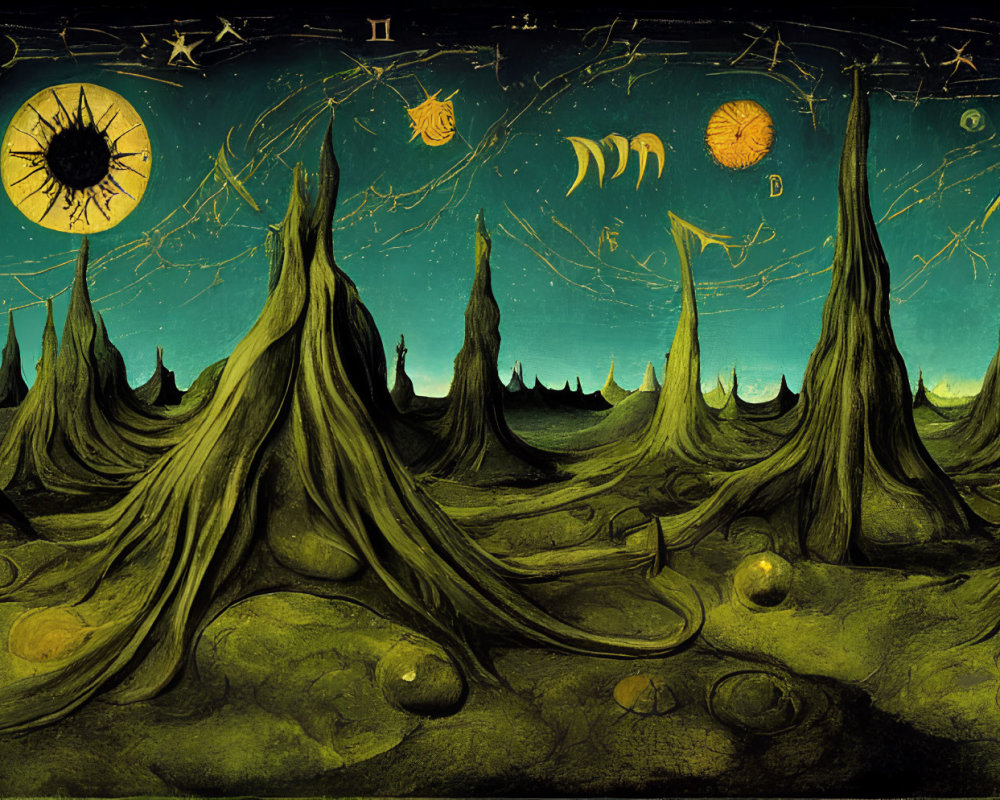 Surreal Landscape with Tentacle-like Hills and Celestial Bodies