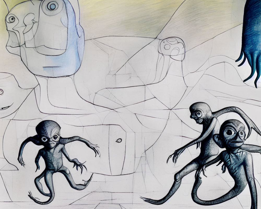 Eerie humanoid octopus creatures and multi-eyed face in abstract drawing