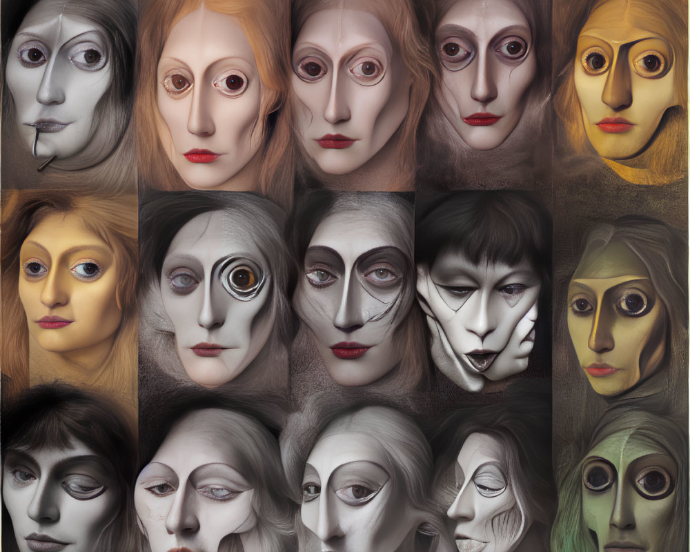 Grid of diverse portraits with theatrical mask-inspired makeup & dramatic lighting