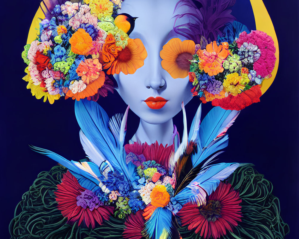 Surreal portrait with floral eyes and blue skin amidst vibrant flowers, feathers, and foliage on dark