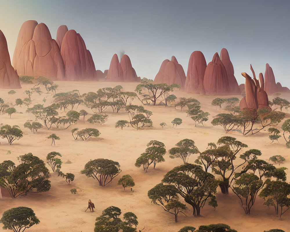 Desert landscape with giraffes, acacia trees, and crescent moon