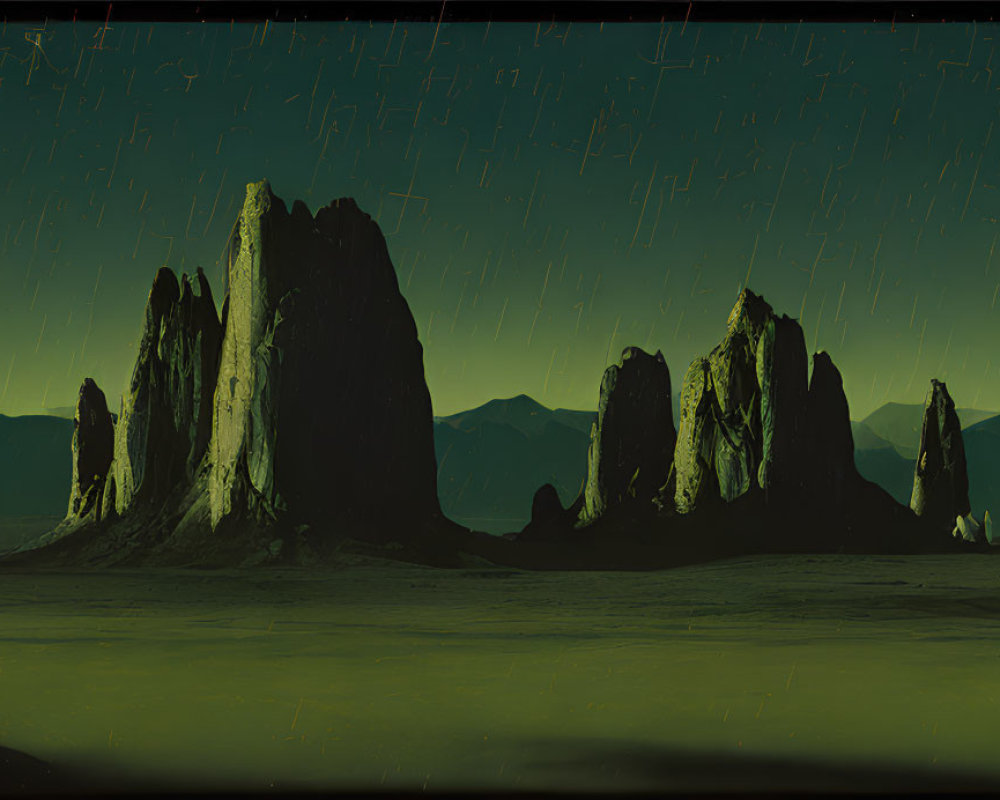 Panoramic desert night scene with star-streaked sky and rock formations