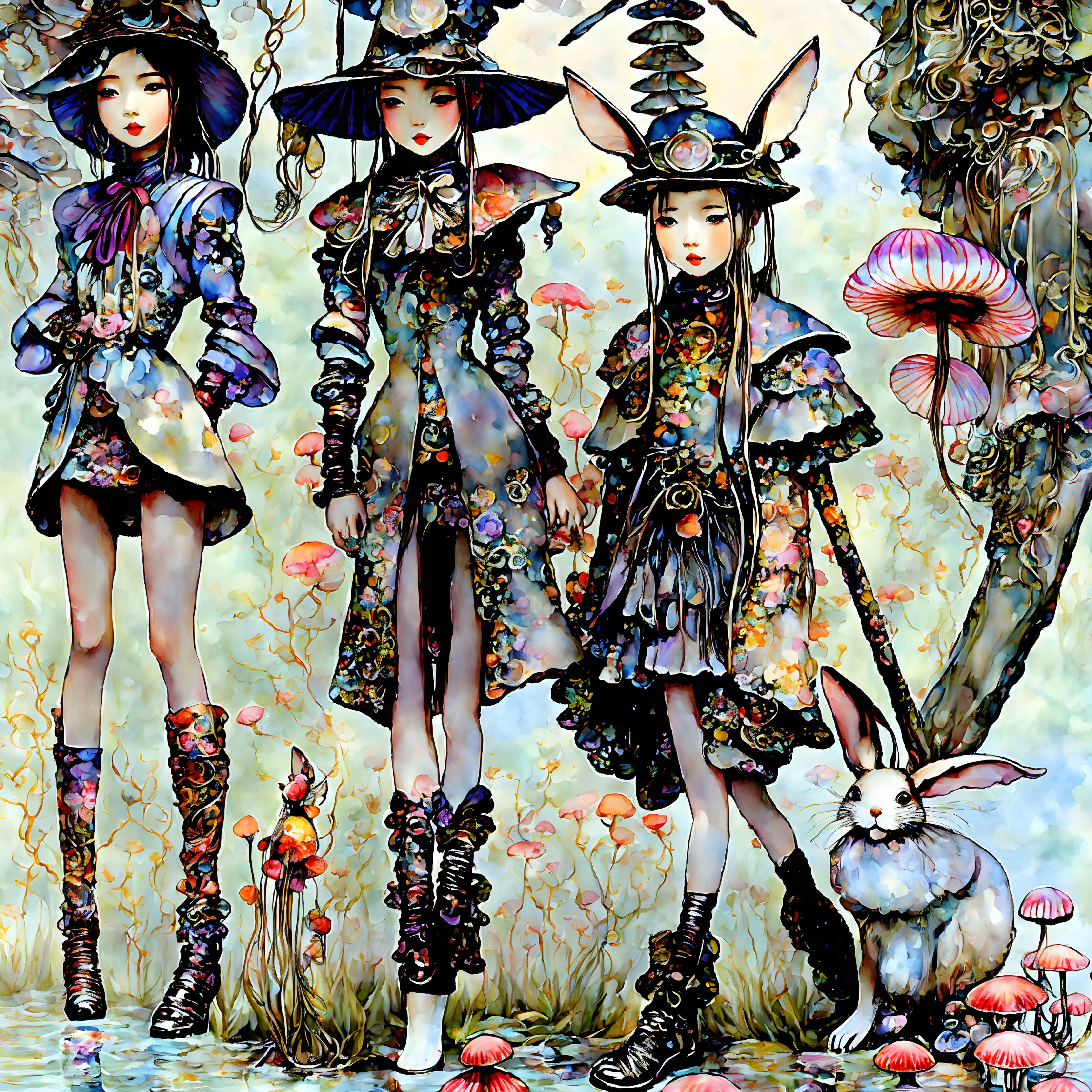 Stylized anime-style female characters with white rabbit and colorful mushrooms in fantastical forest