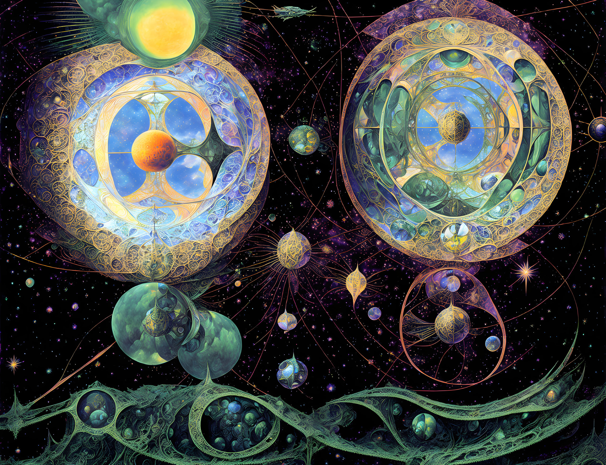 Intricate cosmic spheres with celestial bodies on starry backdrop