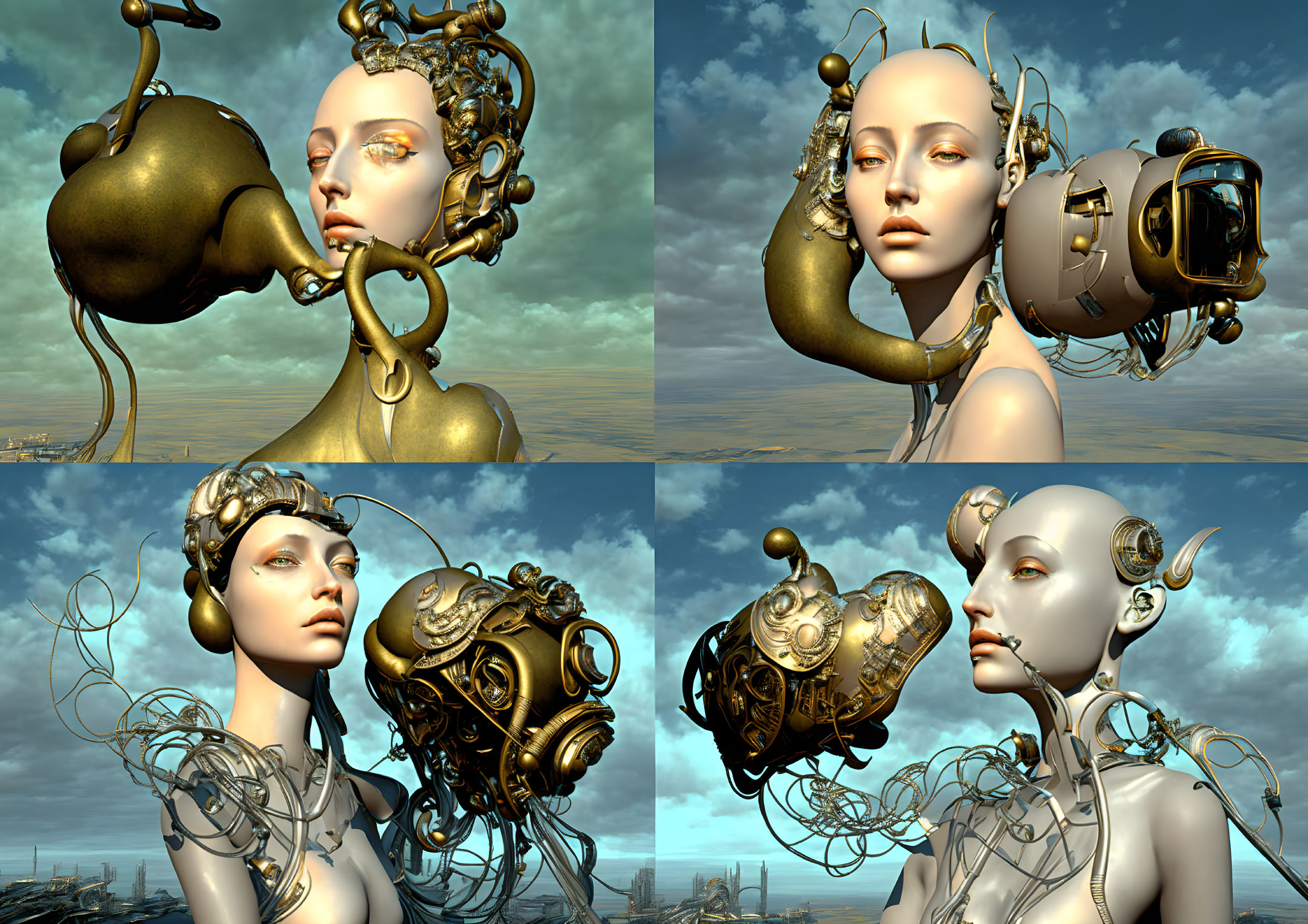 Surreal 3D Artwork: Female Figure with Golden Mechanical Elements