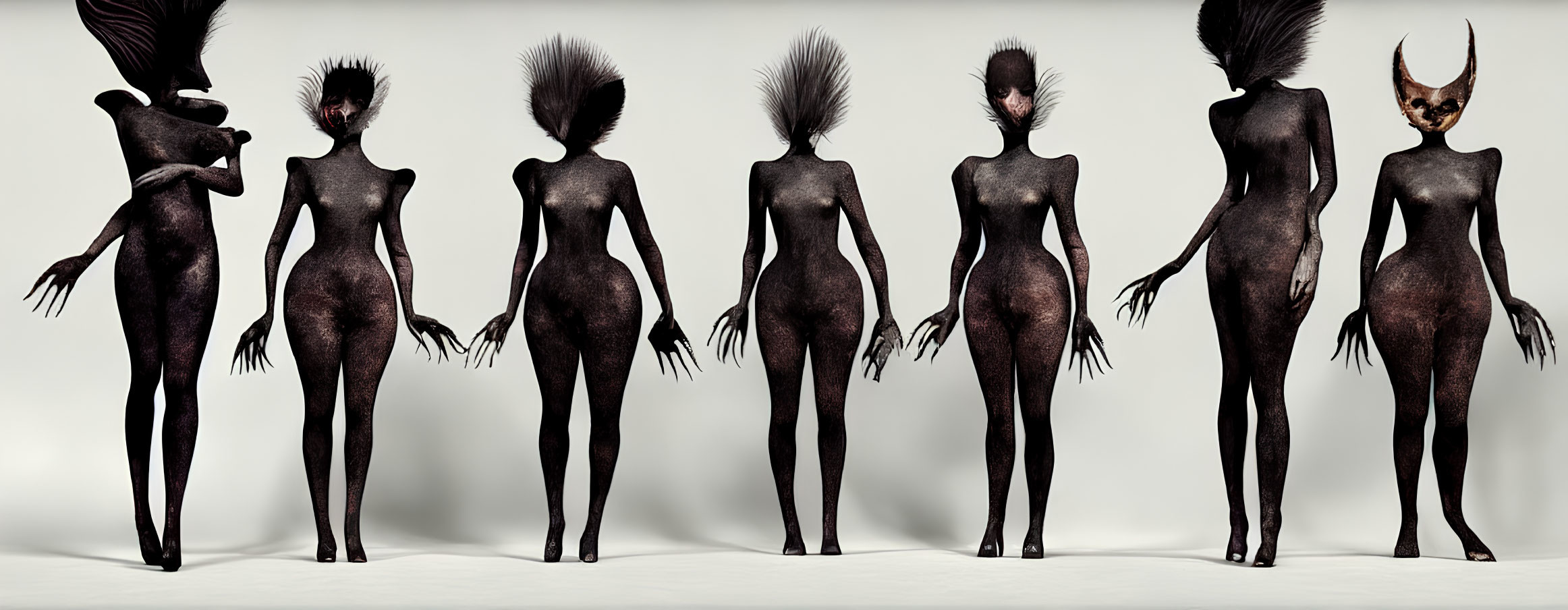 Seven Dark-Skinned Humanoid Figures with Spiky Hair in Various Poses