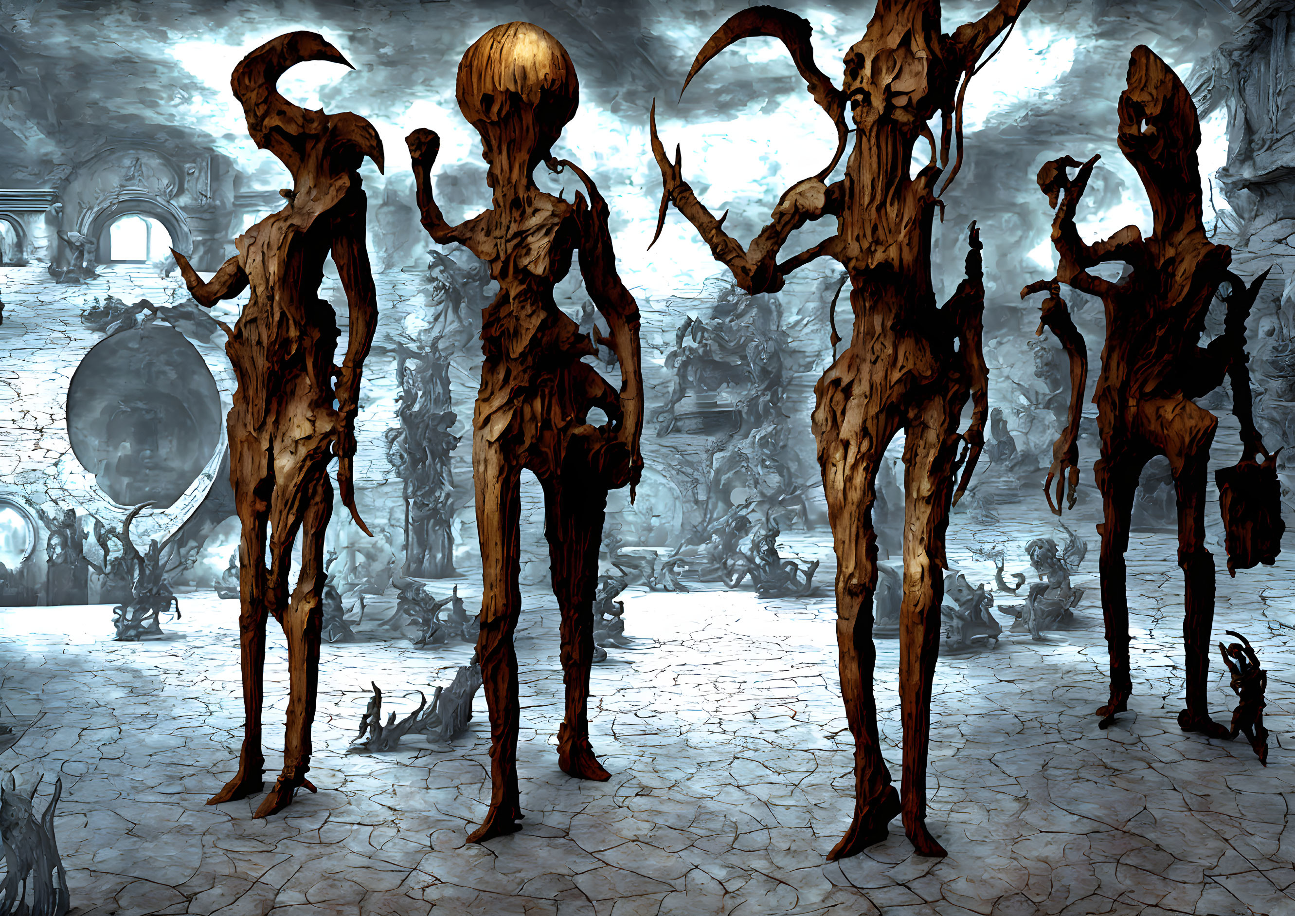 Eerie digital artwork: tall, slender humanoid figures in gothic setting