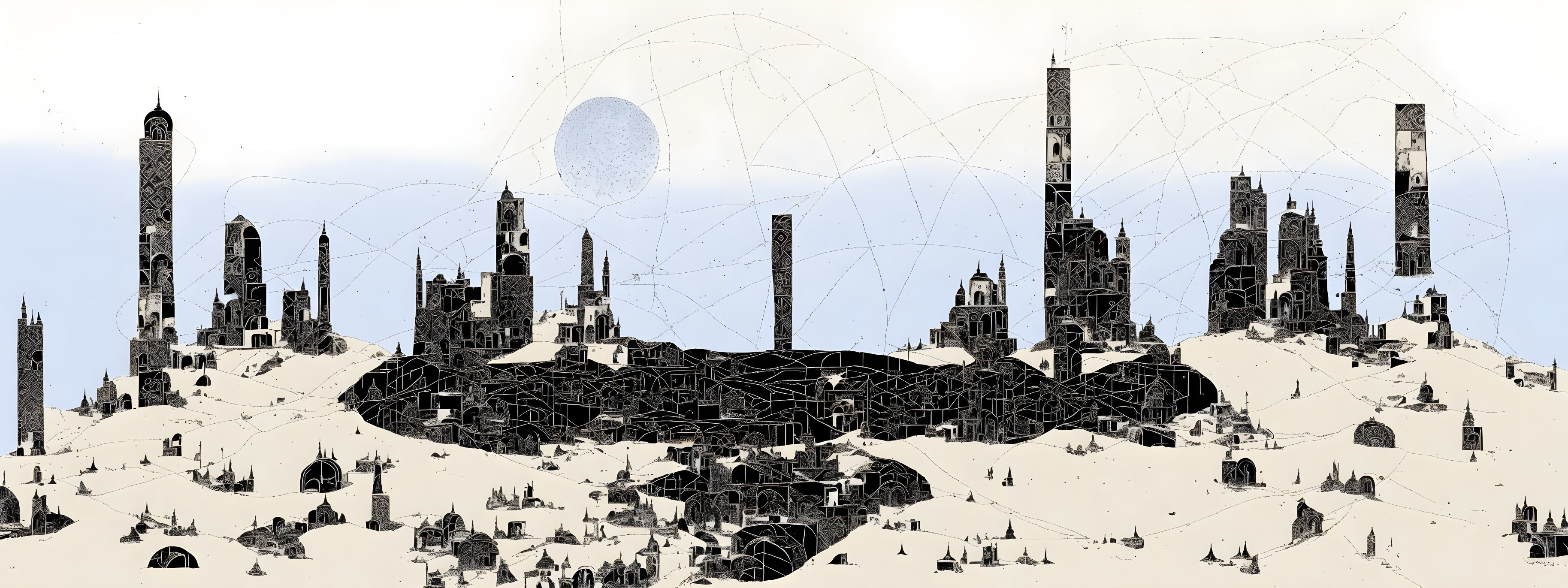 Panoramic drawing of dystopian futuristic city with dark towers and geometric structures