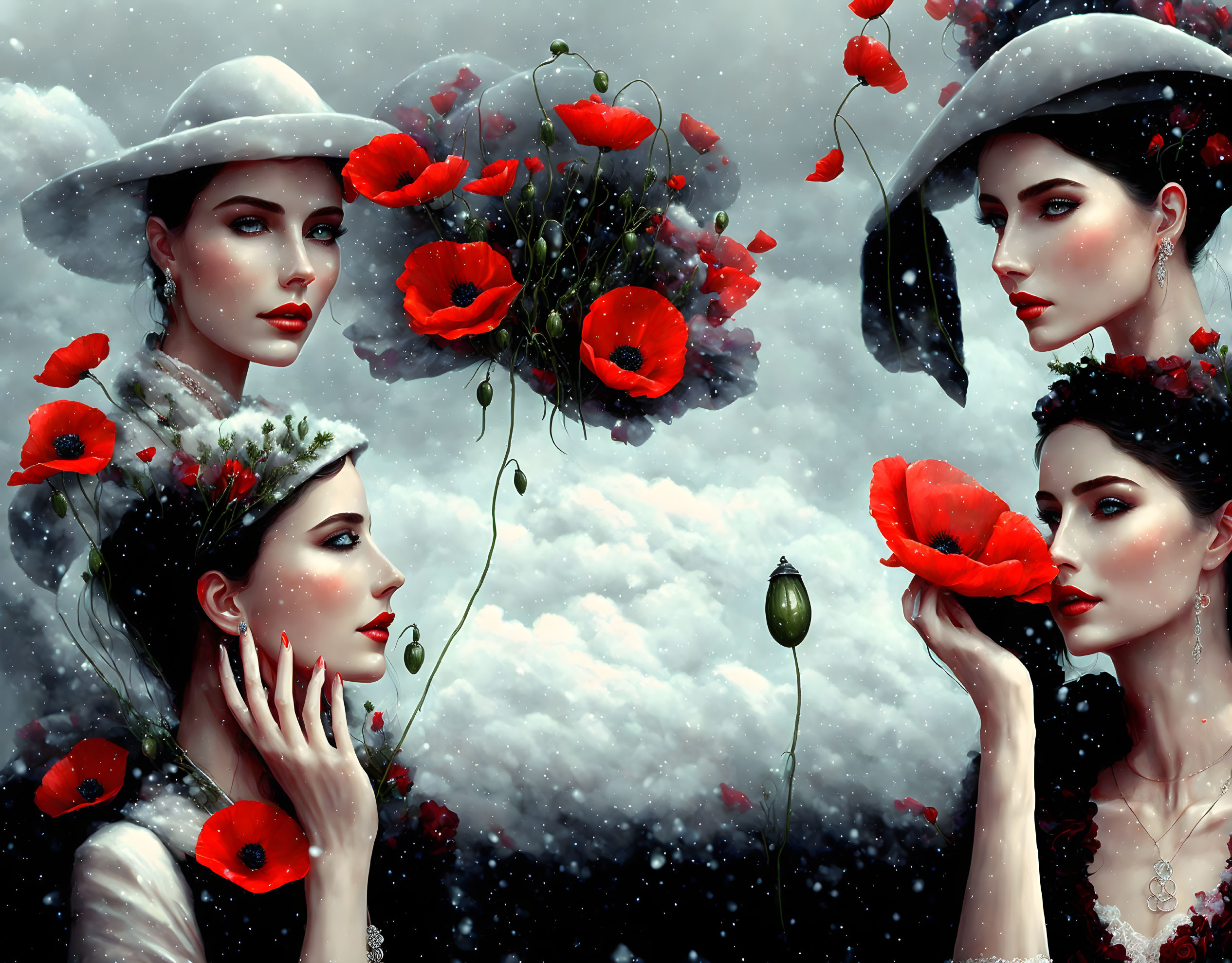 Four pale-skinned women in white hats amidst red poppies and misty clouds