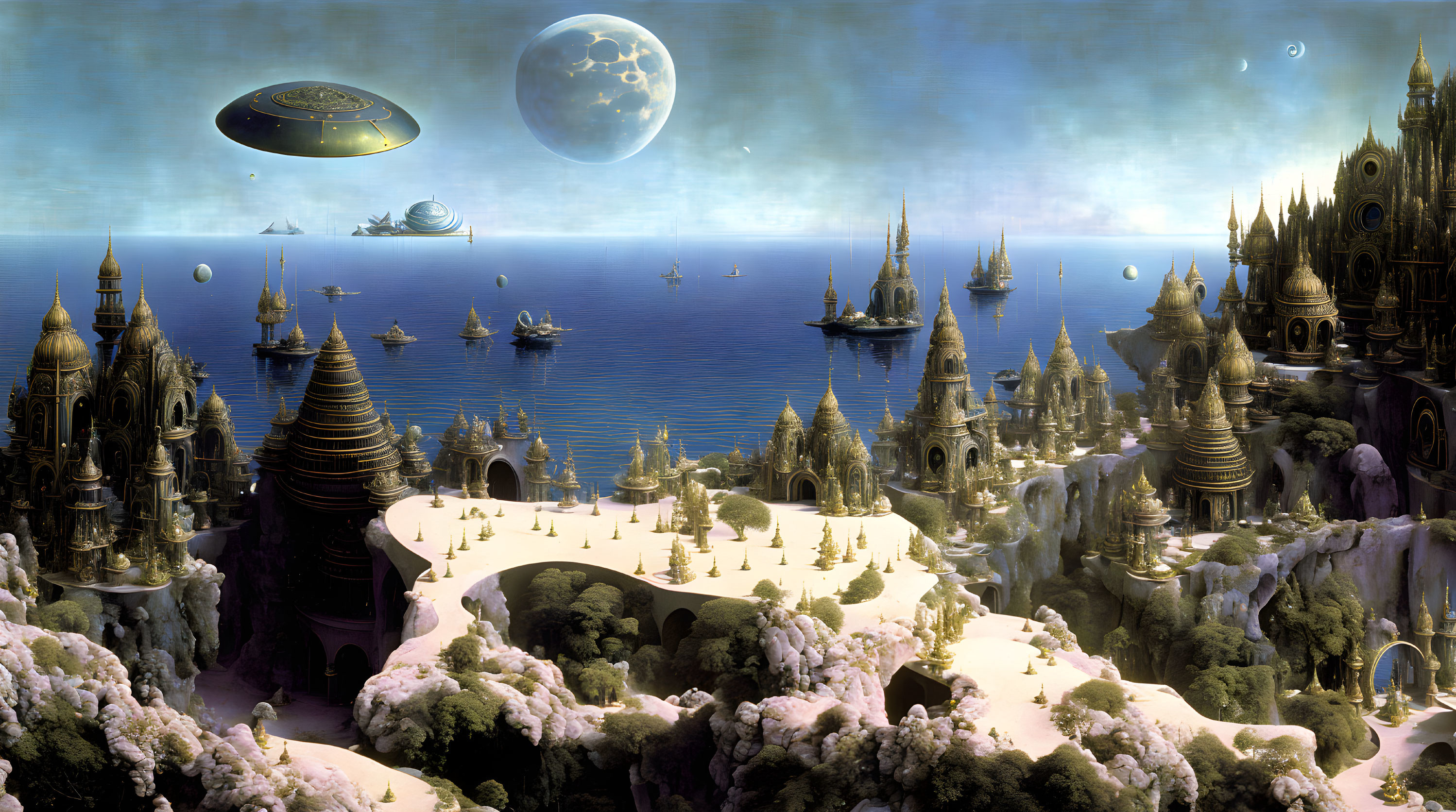 Futuristic sci-fi landscape with towering spires and ships on an otherworldly planet