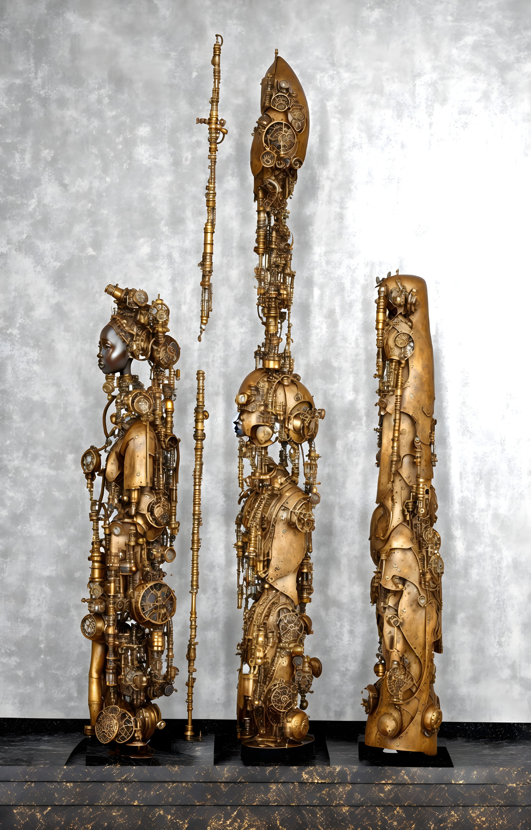 Intricate Steampunk Style Humanoid Sculptures on Speckled Background