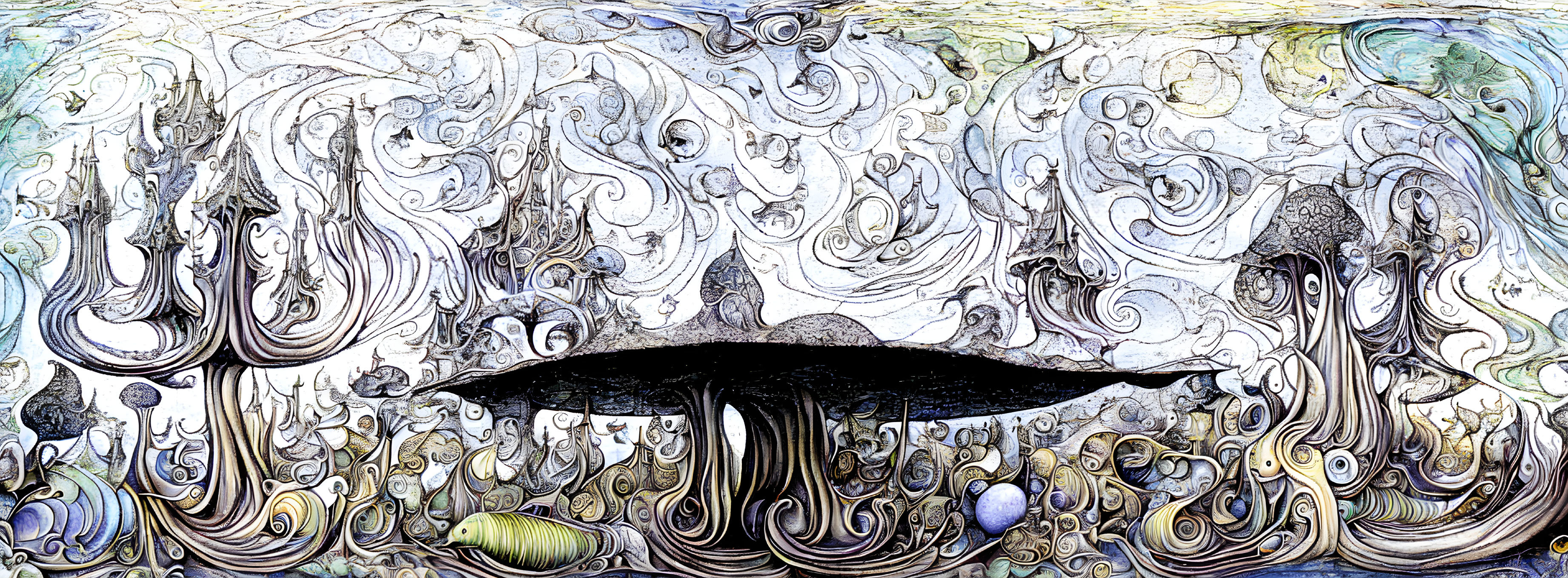 Detailed Abstract Panoramic Artwork: Swirls, Flowing Lines, Whimsical Shapes