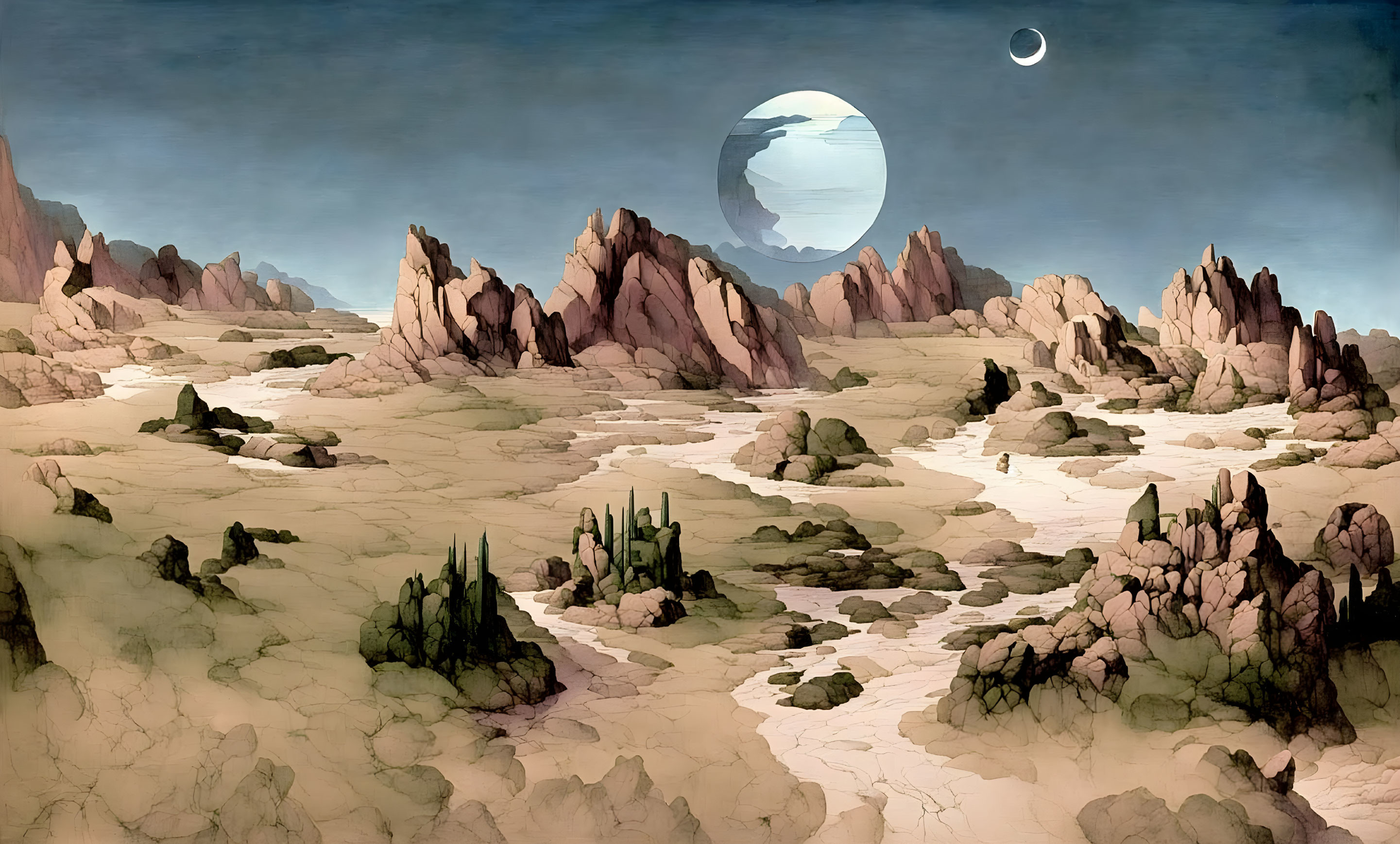 Desert landscape with rocky formations, sparse vegetation, large moon, and distant planet