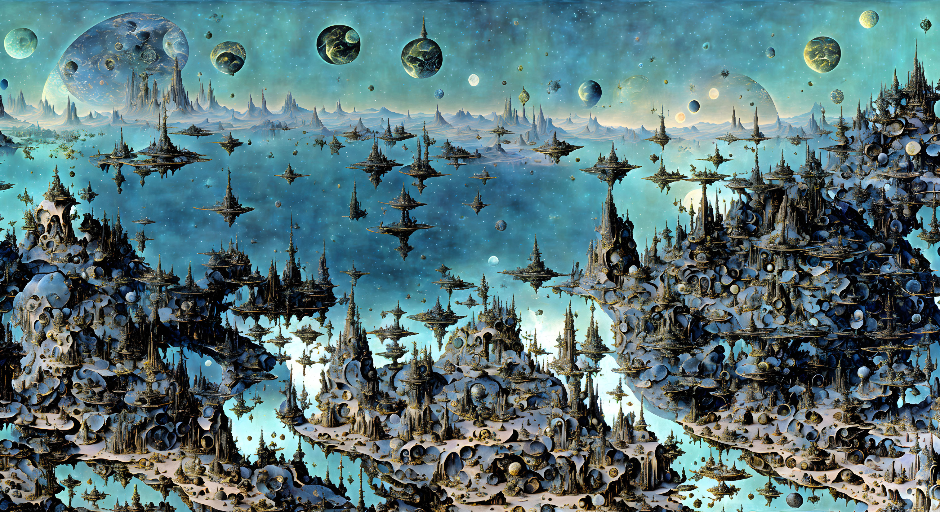 Alien landscape with spire-like structures under a starry sky