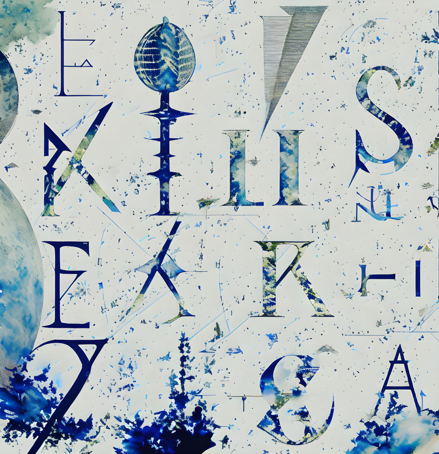 Collage-style image with jumbled letters on mottled blue background