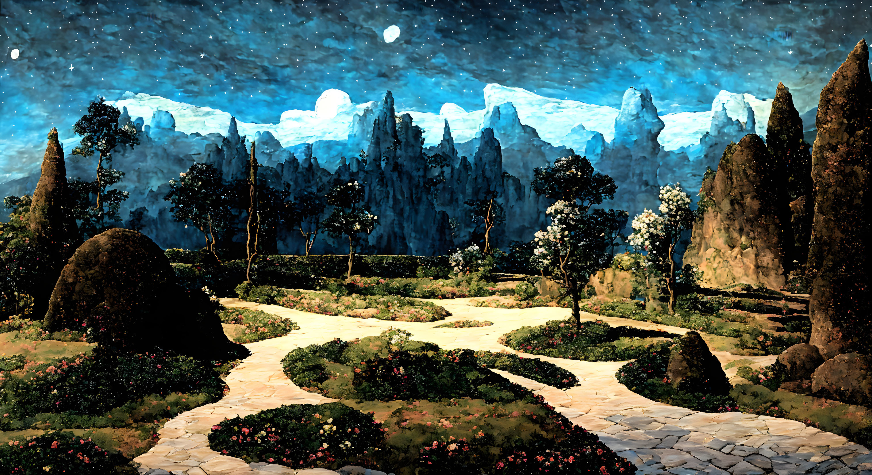 Serene garden with winding pathways under starry night sky