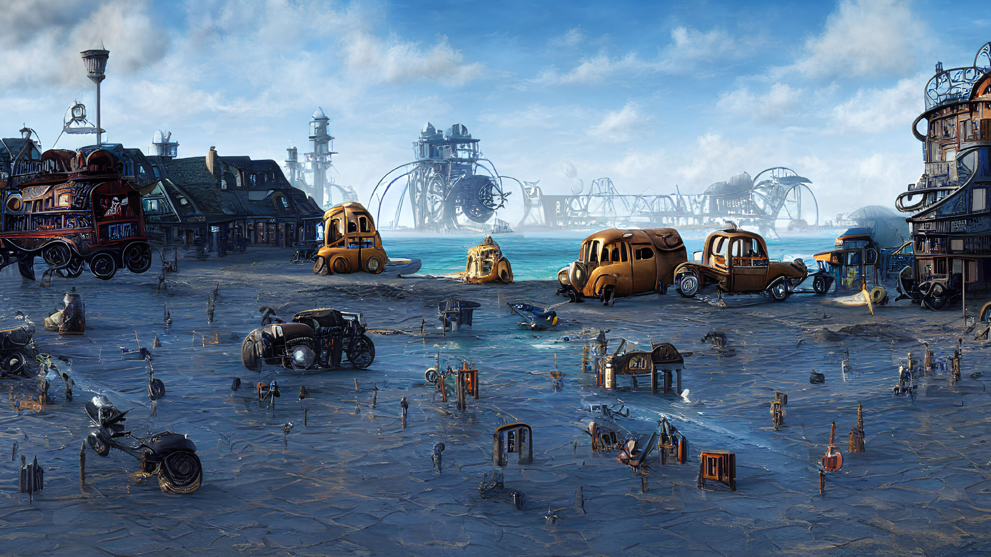 Futuristic seaside town with retro cars, robots, and dilapidated buildings