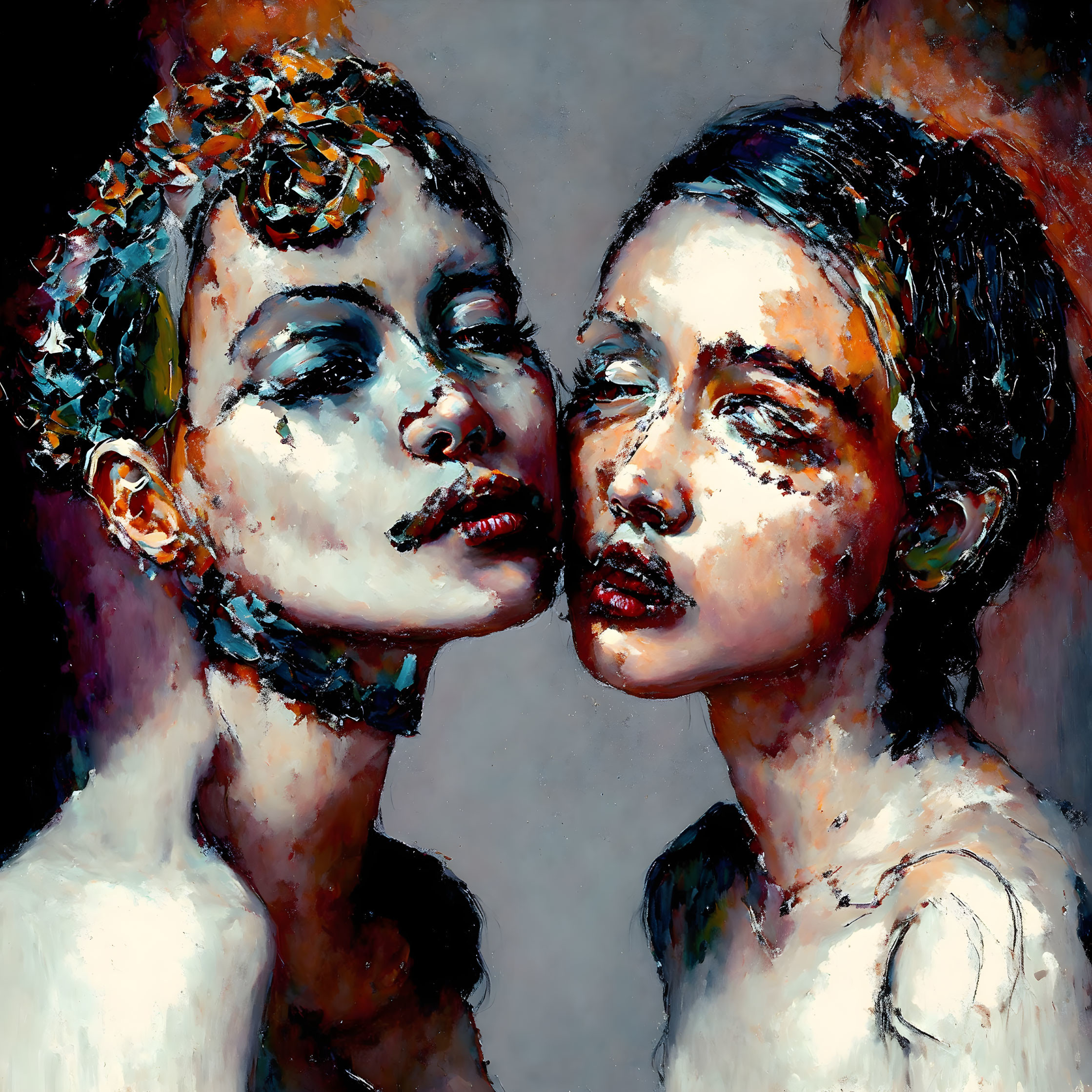 Vivid oil painting of two stylized figures in close pose